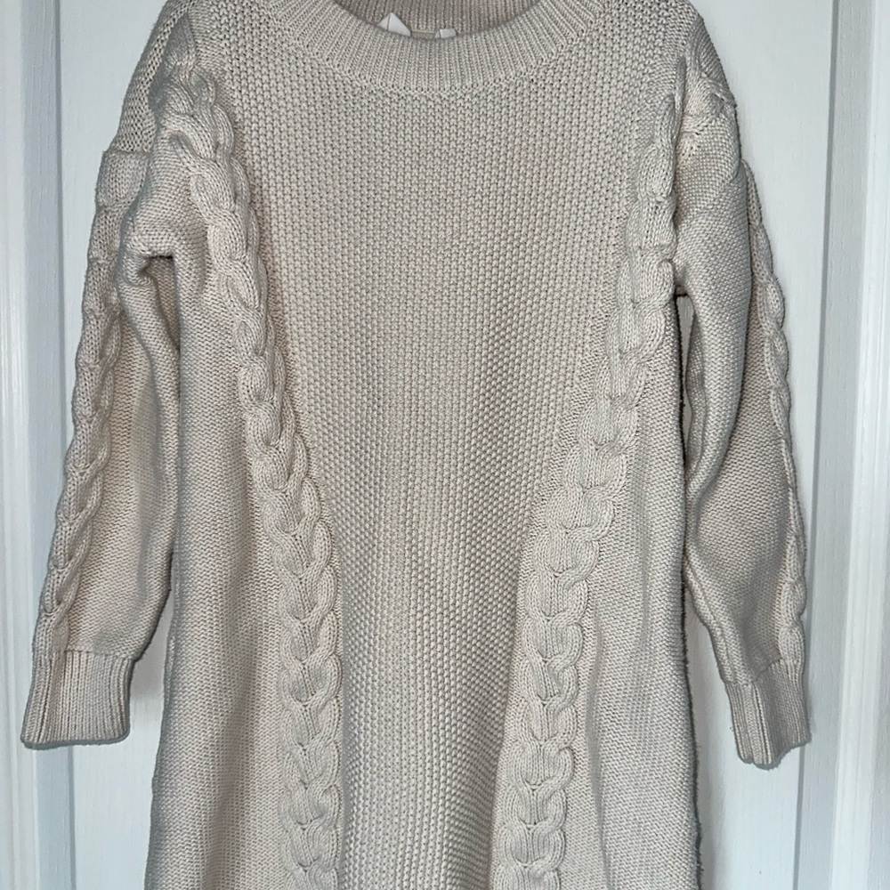 GAP Cream Crew Neck Dress with Cable Knit Panels